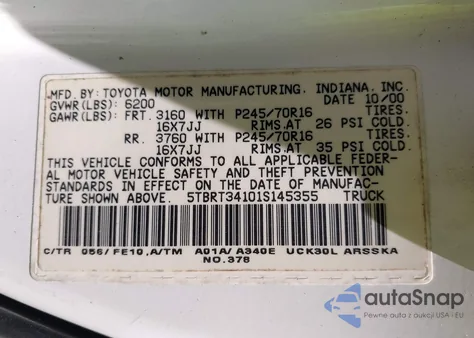 2001 Toyota Tundra Sr5 V8 from USA, damaged, VIN 5TBRT34101S145355
